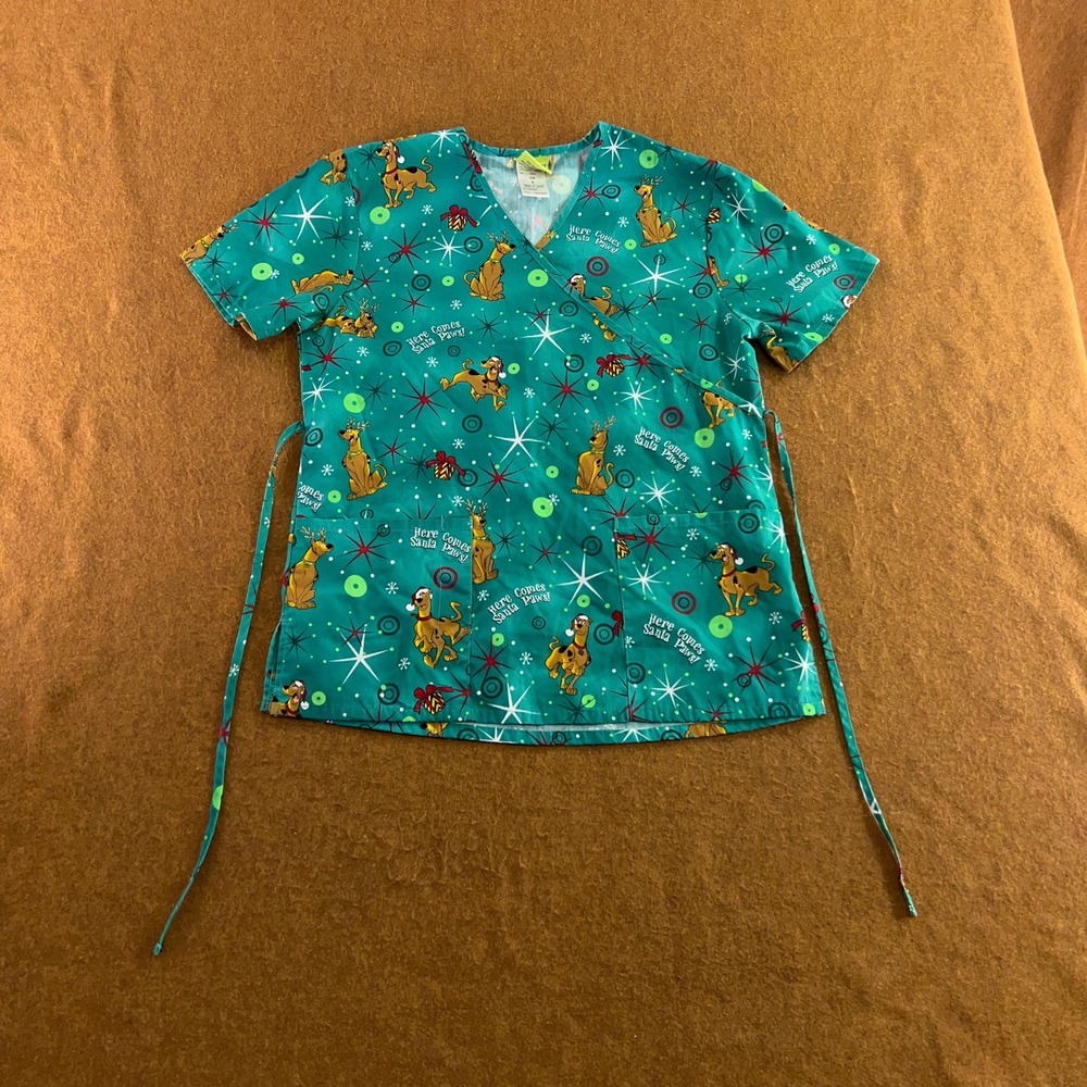 Scooby-Doo Womens Small Teal Christmas Santa Paws Mock Wrap Scrub Top New